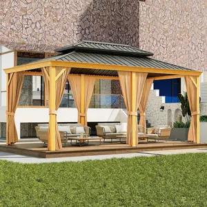 【GARVEE】12x20ft Gazebo, Hardtop Outdoor Metal Roof Sun Shade Tent with Netting and Curtains, Permanent Wood Grain Galvanized Iron Aluminum Frame Garden Canopy for Patio, Backyard, Deck, Lawns