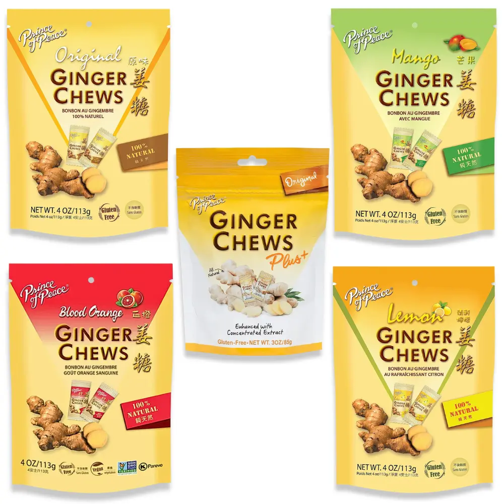 Prince of Peace Ginger Chews Variety Pack of 5 Bundle, 1 of each (Original Plus, Original, Mango, Lemon, Blood Orange)