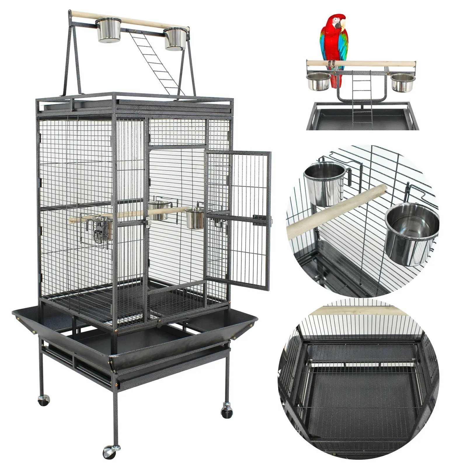 68" Iron Parrot Flight Cage - Rolling Metal Bird Enclosure with Perch, Caster Stand, Black Tray, and Durable Construction for Pet Birds