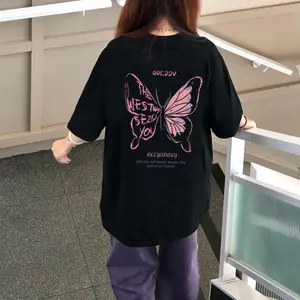 Men's Ultra-Combed Short-Sleeve Round Neck Light Tshirt - Menswear Top, Unisex Korean Style Butterfly Print Loose Boxy Baggy Sweat-Inspired, Breathable Fabric, Summer Casual Tropical Streetwear