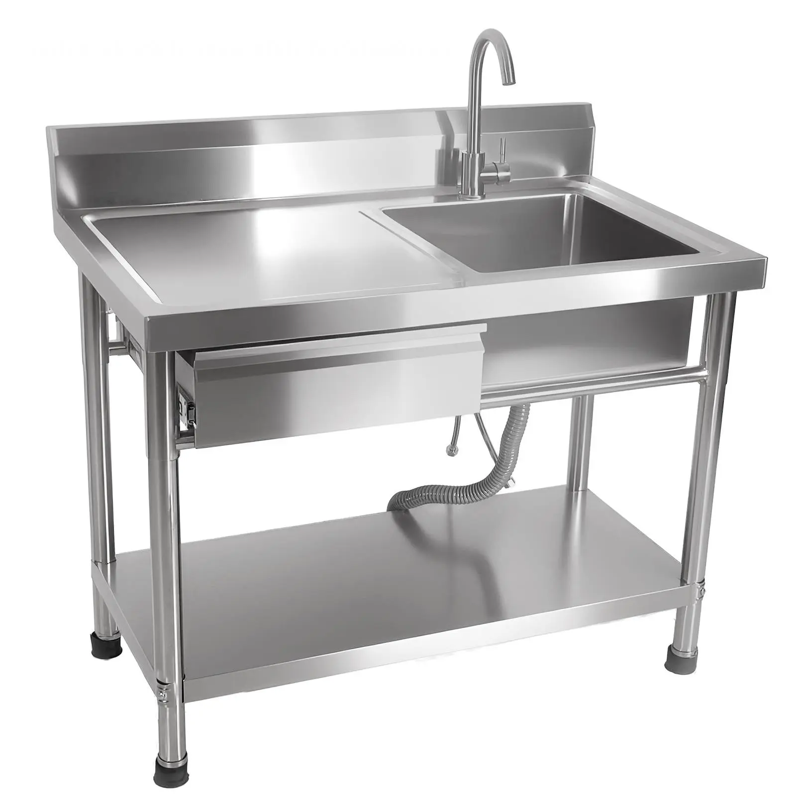 Stainless Steel Utility Sink, Commercial Kitchen Sink, 39.37'' Free Standing Single Bowl Sink with Drawer & Cold and Hot Water Pipe for Kitchen Laundry Room Farmhouse Indoor and Outdoor Use