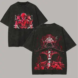 Men's Jujutsu Kaisen Ryomen Sukuna Printed Unisex Distressed Washed Short-Sleeve Round Neck Streetwear T-Shirt, Festive Menswear Top a1