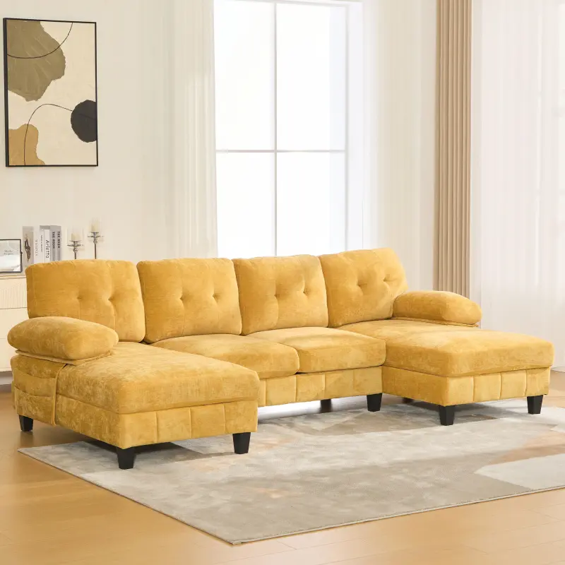 [SOIYELIFE] U-shaped Sectional Sofa 103.5" Chenille Fabric Couch with Dual Chaise Lounges, Storage Pockets and Armrest Pillows for Living Room, Yellow  Cool furniture couches cloud  couch