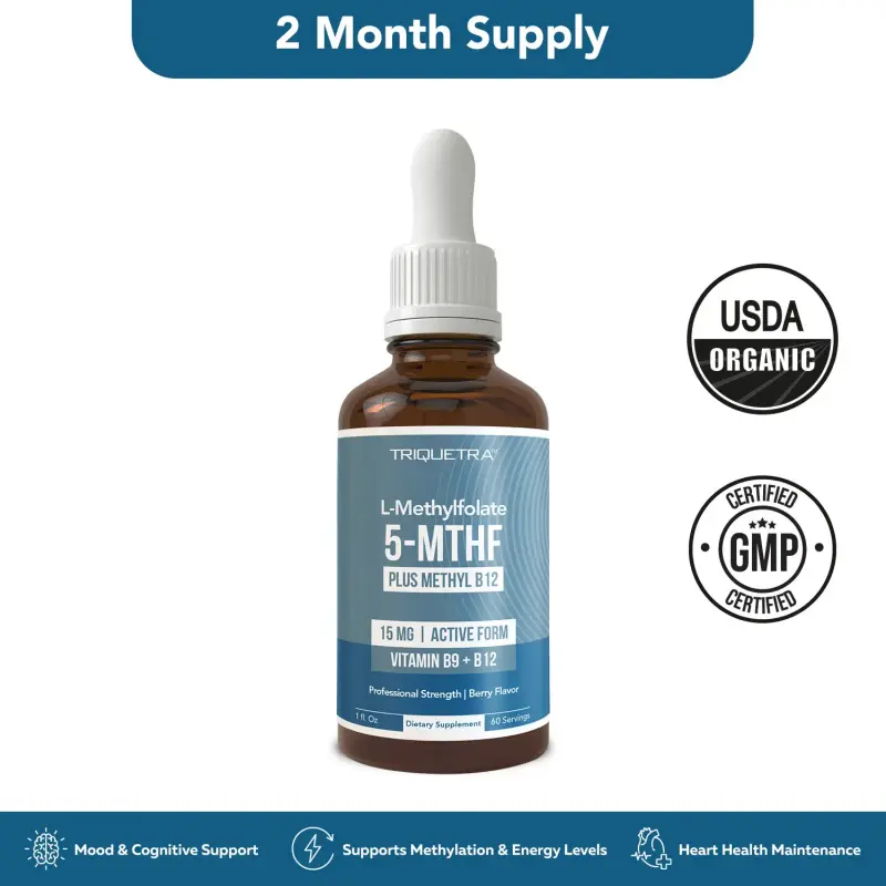 L- Methylfolate 15mg + B12 Pro Strength, Liquid 5-MTHF Form, Supports Mood, Methylation, & Cognition Supplement Energy Levels Vitamin Methylcobalamin