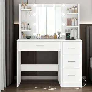 Modern LED Light White Vanity Desk with Power Outlet and Mirror for Makeup & Hair Styling 4 Drawers 3 Color Modes Adjustable Brightness Dressing Table Bedroom, Led Vanity Dresser, Modern Vanity Table tiktokshopspringglowup