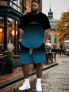 Men's Plus Size Fashion Casual 3D Print Short Sleeve Shorts Set, Gradient Whisperer Design, Lightweight Polyester Fabric