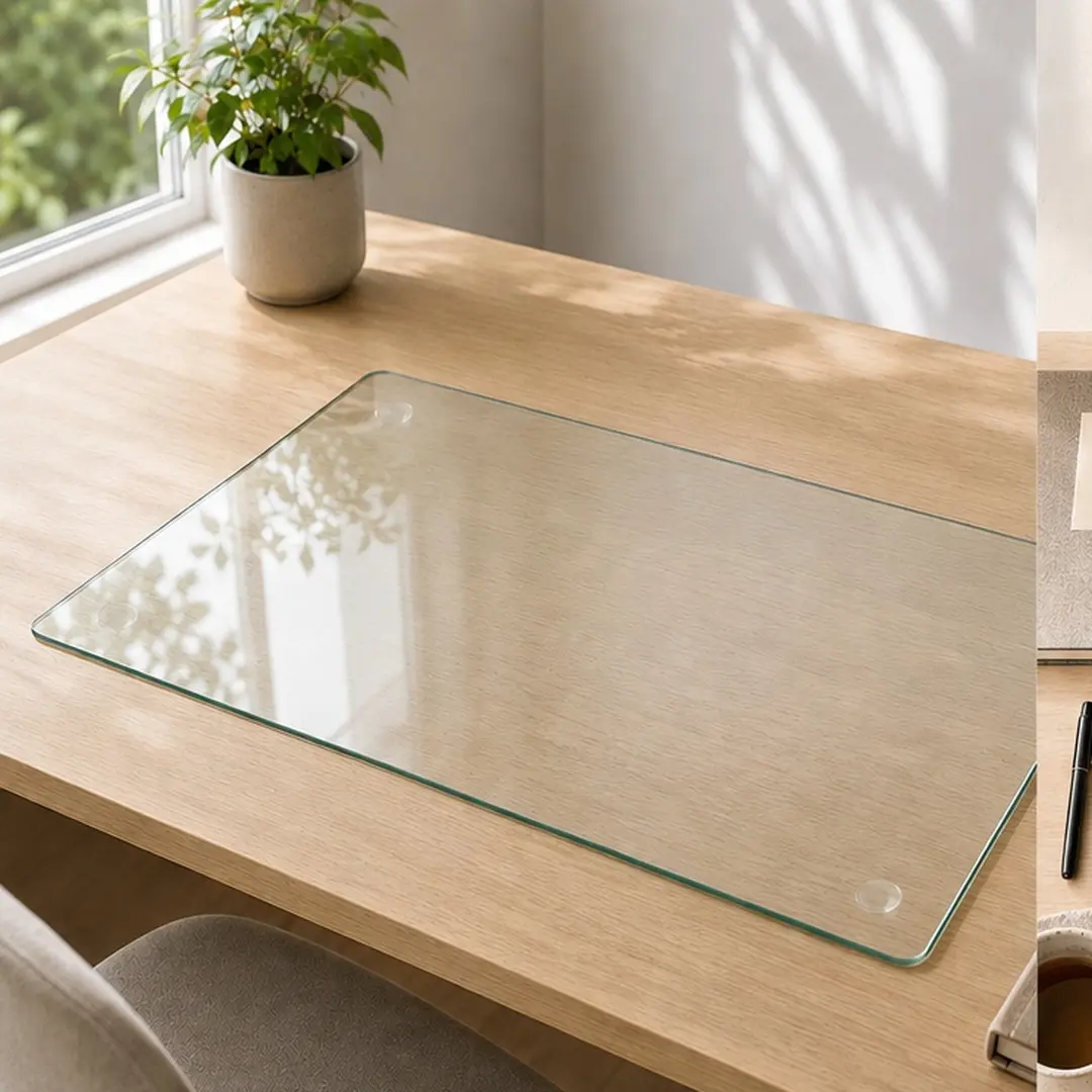 Tempered Glass Desk Mat 20x32 Inch Clear Table Protector, Heat-Resistant Scratch-Proof Office Desk Pad, Dry-Erase Write-On Surface, Non-Slip Silicone Feet, Modern Home Office Workstation Accessory, Clear Color Options, Tempered Glass Material