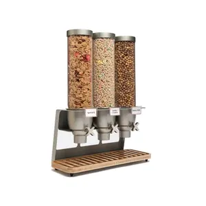212 MAIN Triple Unit Kitchen Cereal Dispenser - Lightweight Steel Metallic, 3.9-Gal Capacity, 3-Container Table-Top Design with Bamboo Tray, Portion Wheel Included