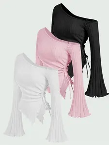 New Fashion Elegant Solid Color Women's Long Sleeve Knit T-Shirt Set, Slim-Fit Everyday Casual Style, Fall & Winter Moderate Fabric, 3-Piece