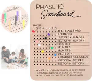 Phase 10 Score Board, Wooden Phase 10 Scoreboard, Phase 10 Score Sheets with 8 Colored Pegs, 10 Scorecard and Round Tracker, Classic Family Adults Board Card Games Night Table Score Boards