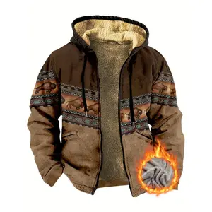 Bohemian Style Men's Autumn Winter Plaid Retro Fleece Zipper Hoodie