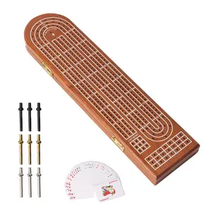 3-Track Wooden Cribbage Board Game with Playing Cards and Metal Pegs