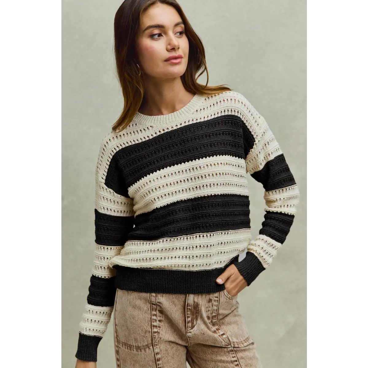SO ME Openwork Round Neck Wide Stripe Textured Sweater