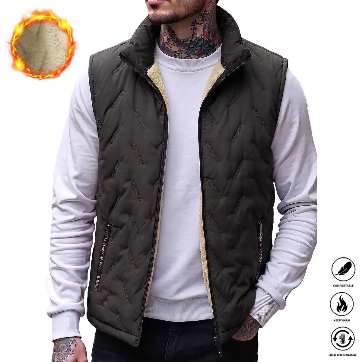 JOGWAVE Men's Thick Polyester Slim Fit Casual Athletic Vest - Front Zipper, Foldable, Machine Washable, Stylish Unisex Outerwear for Outdoor Warmth, Menswear Top
