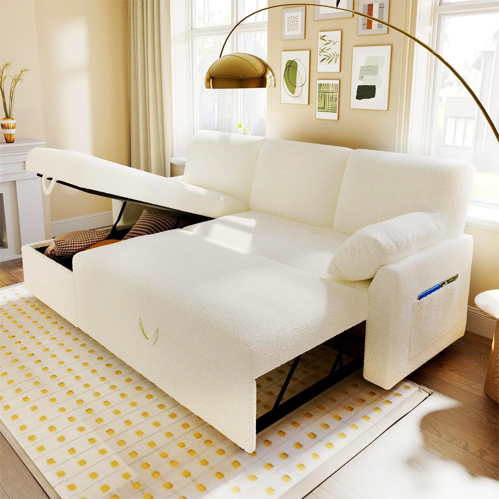 【Ships in Multiple Boxes】AMERLIFE 84in/91in/106in/110in/112in/130in Sofa Bed, Sleeper Sofa with Storage Chaise- 2 in 1 Pull Out Couch Sofa for Living Room, Comfy Sofa Sleeper