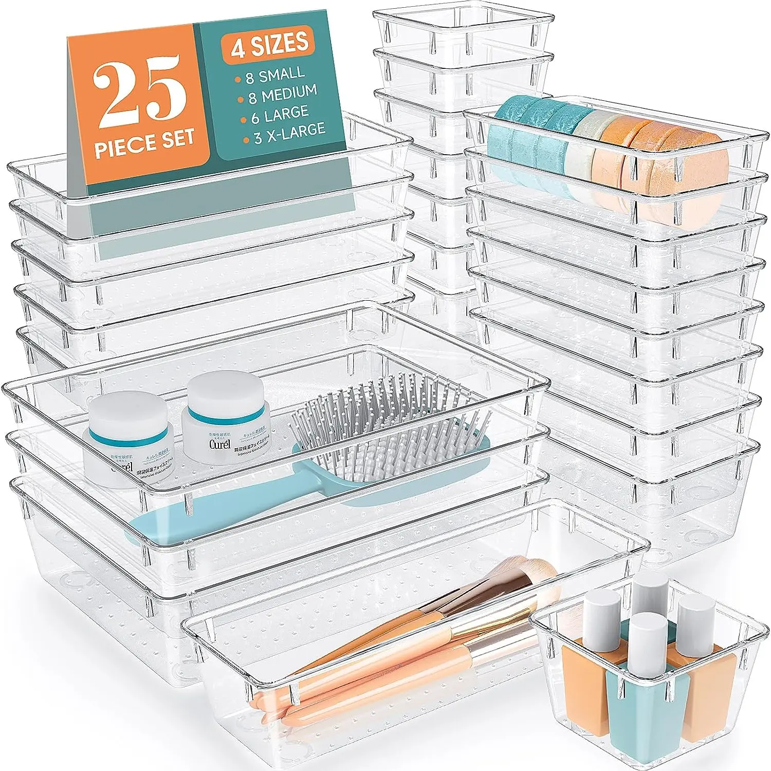 25-Piece Clear Plastic Drawer Organizer Set – Includes 4 Sizes of Desk Drawer Dividers and Storage Bins for Organizing Makeup, Jewelry, Gadgets, Boxes