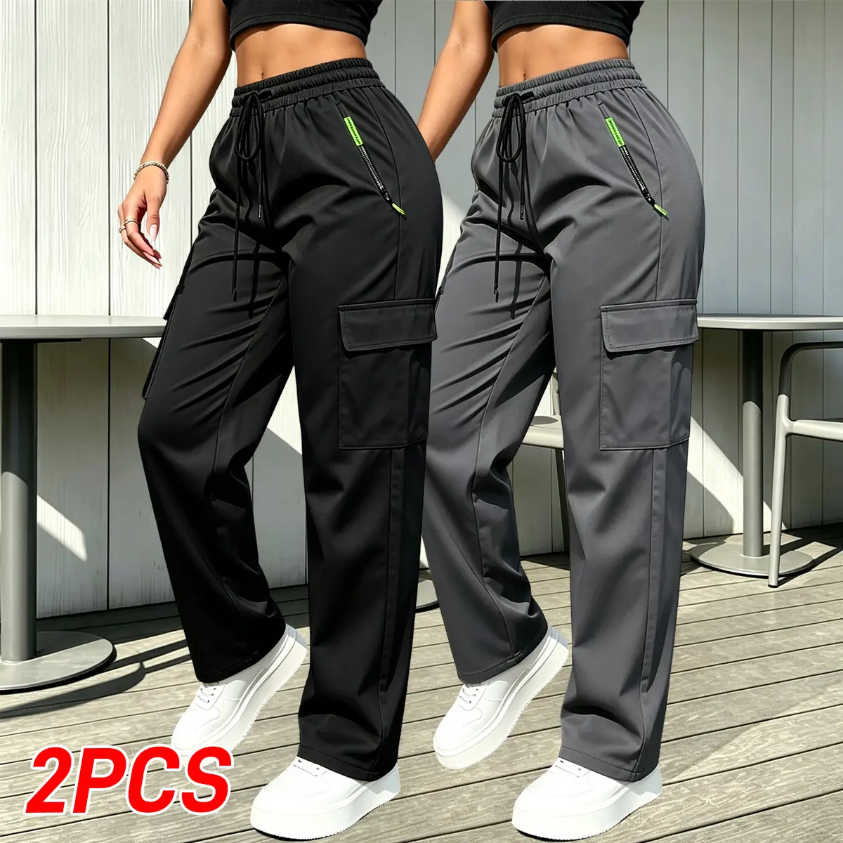 Two-pack summer women’s cargo casual long pants with a fluid drape and zippered pockets; elastic waistband with drawstring design. Suitable for outdoor jogging and everyday wear; plus-size women’s activewear for the gym and sports/casual wear.