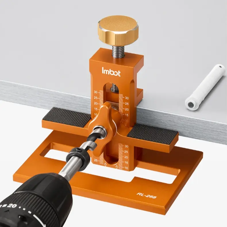 Imbot 2-in-1 Cabinet Door Installation Fixture - Durable Industrial Aluminium Alloy Tool, Heavy Duty Metal Adjustable Positioner, Adjustable Clamp Height, 1 Drill Bit & Adapter, Fits Most Cabinet Doors, 33x33x103mm