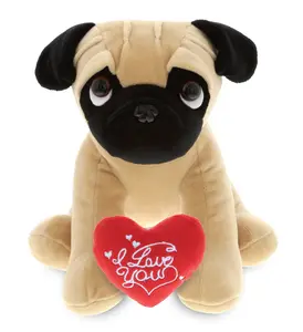 DOLLIBU 8" Super Soft Fluffy Red Heart "I Love You" Embroidered Pug Polyester Soft Stuffed Figure, Ideal for Stuffed Animal Collectors, Stuffed Animals