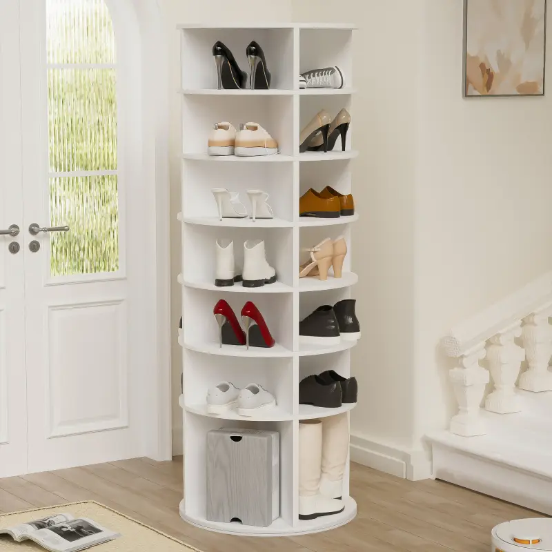 Bellemave 7-Tier Circular Rotating Shoe Rack Organizer - Durable Plastic Composite Shoe Storage System, 360° Rotation Free-Standing Holder, High Base, 28-Pair Capacity, 23.7"w x 23.7"d x 72.5"h, 25+kg Home Organizer