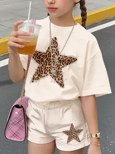 Teen Girls' Casual Simple Pattern Short Sleeve Tee & Shorts Set, Summer Wear, Summer Clothing Set, Loose Fit, Street Style, Youth Fashion, Leopard Print Set