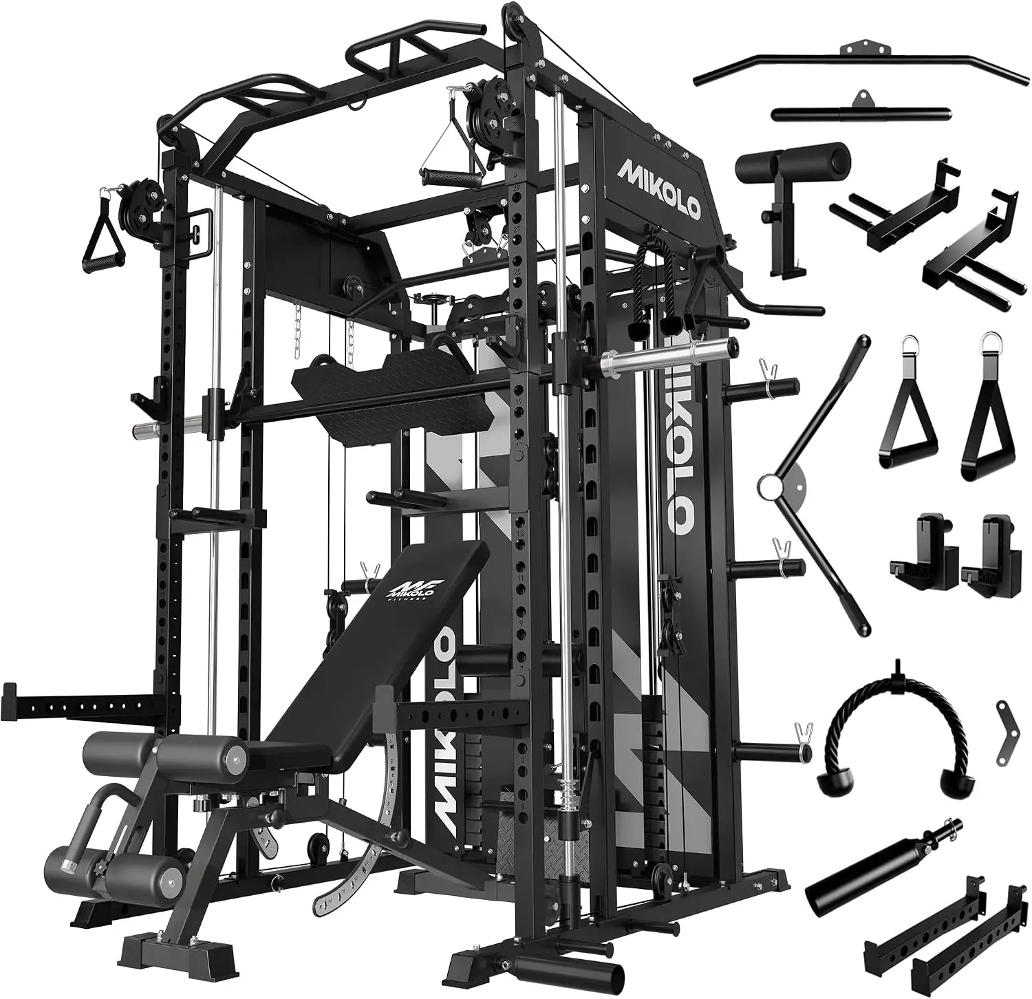 Mikolo Smith Machine with Weight Stack, Power Cage Home Gym System with LAT Pulldown & Cable Crossover, Multi-Functional Trainer with Dual Pulley System, Includes 10+ Free Attachments