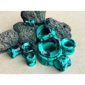 PAIR of Stunning Black & Teal Synthetic Turquoise Stone Double Flare Tunnels/Plugs - Gauges 2g (6mm) to 1" (25mm)