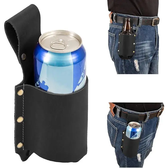 2PCS PU Leather Beer Holster, Waist Bag Travel Pouch for 12 Ounce Beer Bottle Beer Can Soda Beverage Holder, for Picnic Beach Barbeques BY