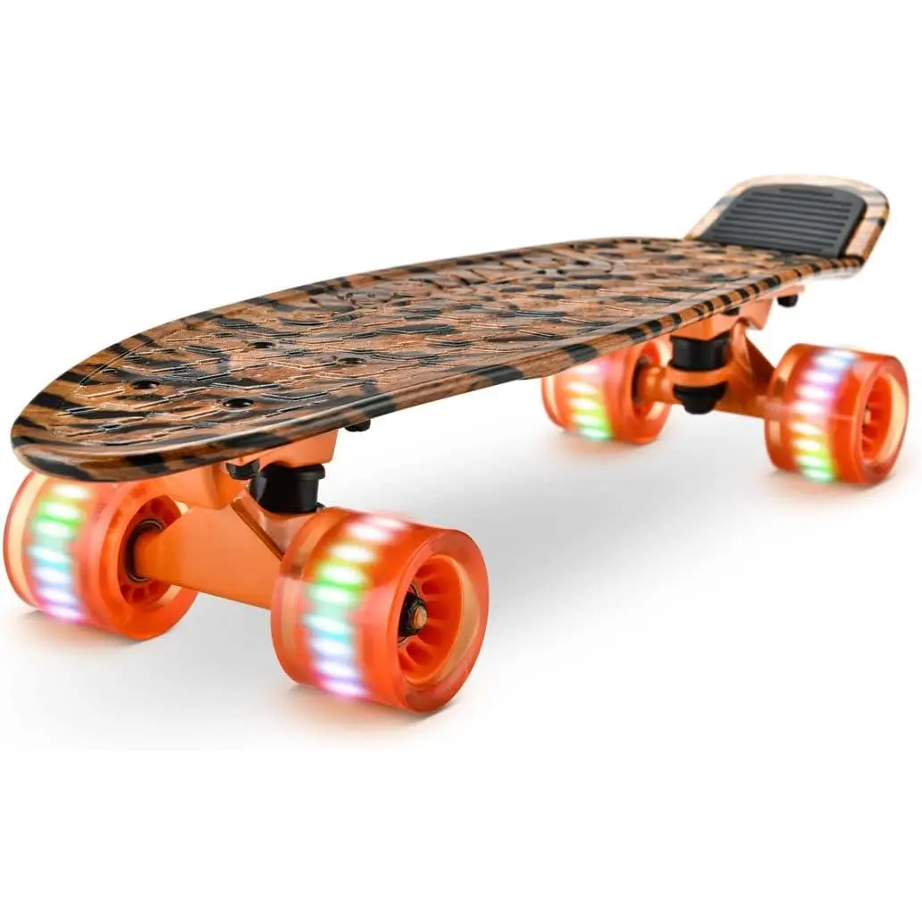 Standard Skateboard Mini Cruiser - 6'' PP Deck Complete Double Kick Skate Board w/ 3.25" Aluminum Alloy Truck, PU Wheels w/LED Light - for Kids, Teens, Adults (Tiger)