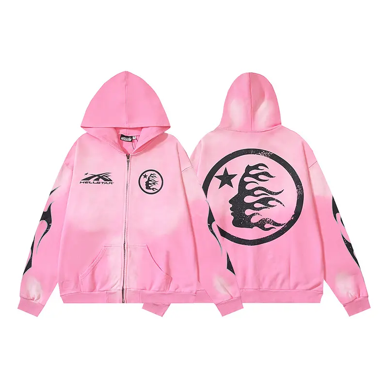 2026 HELLSTAR 100% Cotton Certified Washed Red Hoodie Tribal Gothic Graphic Pullover Y2K Streetwear Standard Fit