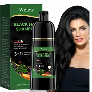 Woiow 3 in 1 Black Hair Dye Shampoo with Ginseng Extract - Herbal Formula for Gray Coverage & Natural Haircoloring - 17.6 FL OZ / 500 ML