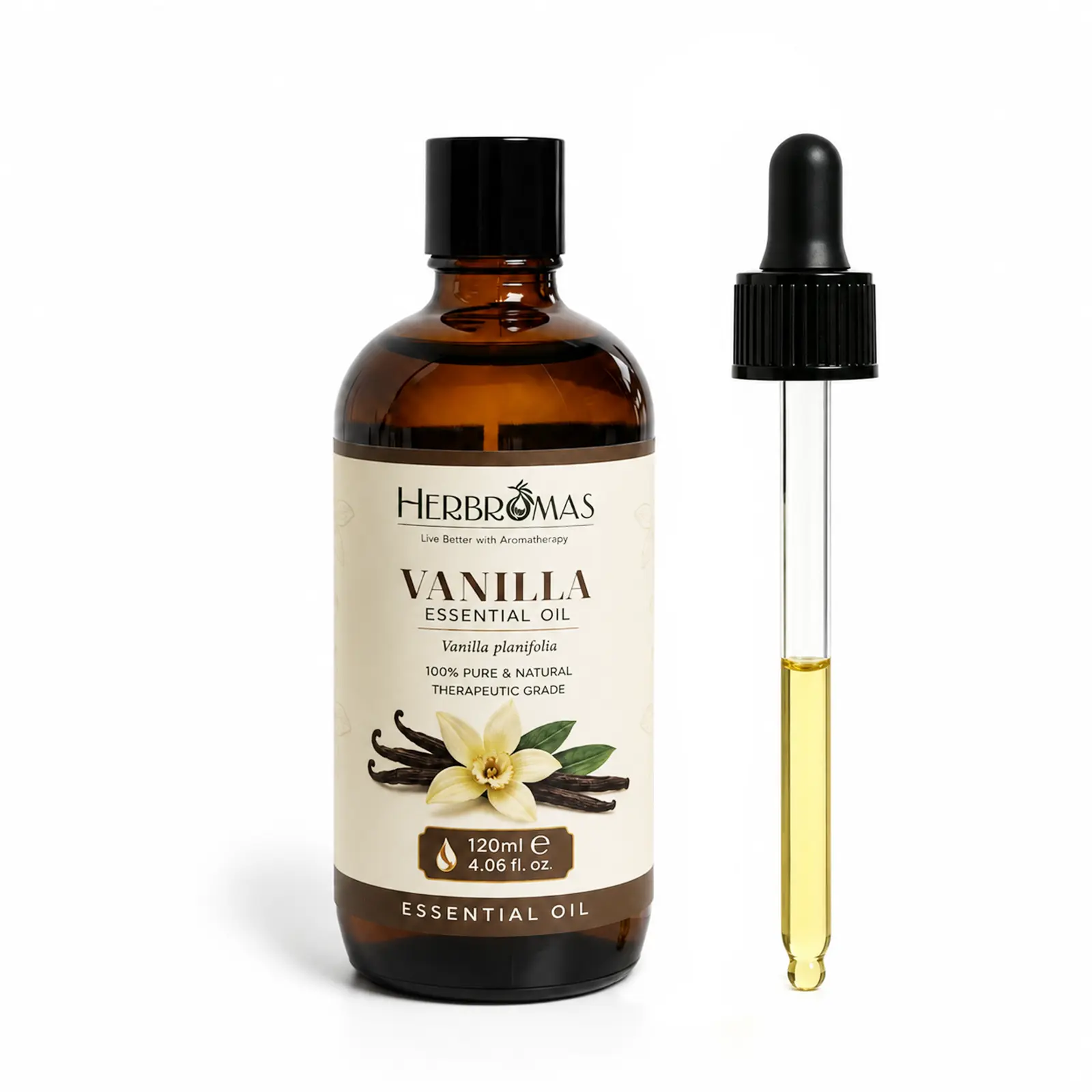 HERBROMAS Vanilla Essential Oil 120ml (4.06 fl oz), Pure Vanilla Essential Oil for Diffuser, Aromatherapy, Skin, Hair, Massage & DIY Candle Soap Making natural magical herbalism