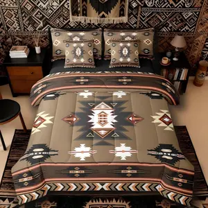Feelyou 7-Piece Western Comforter Set - Multi-Size Bed in a Bag with Aztec Motif, Geometric Print, Southwest Native Bedding, Machine Washable Brown Striped Diamond Triangle Room Decor, Seven Pieces
