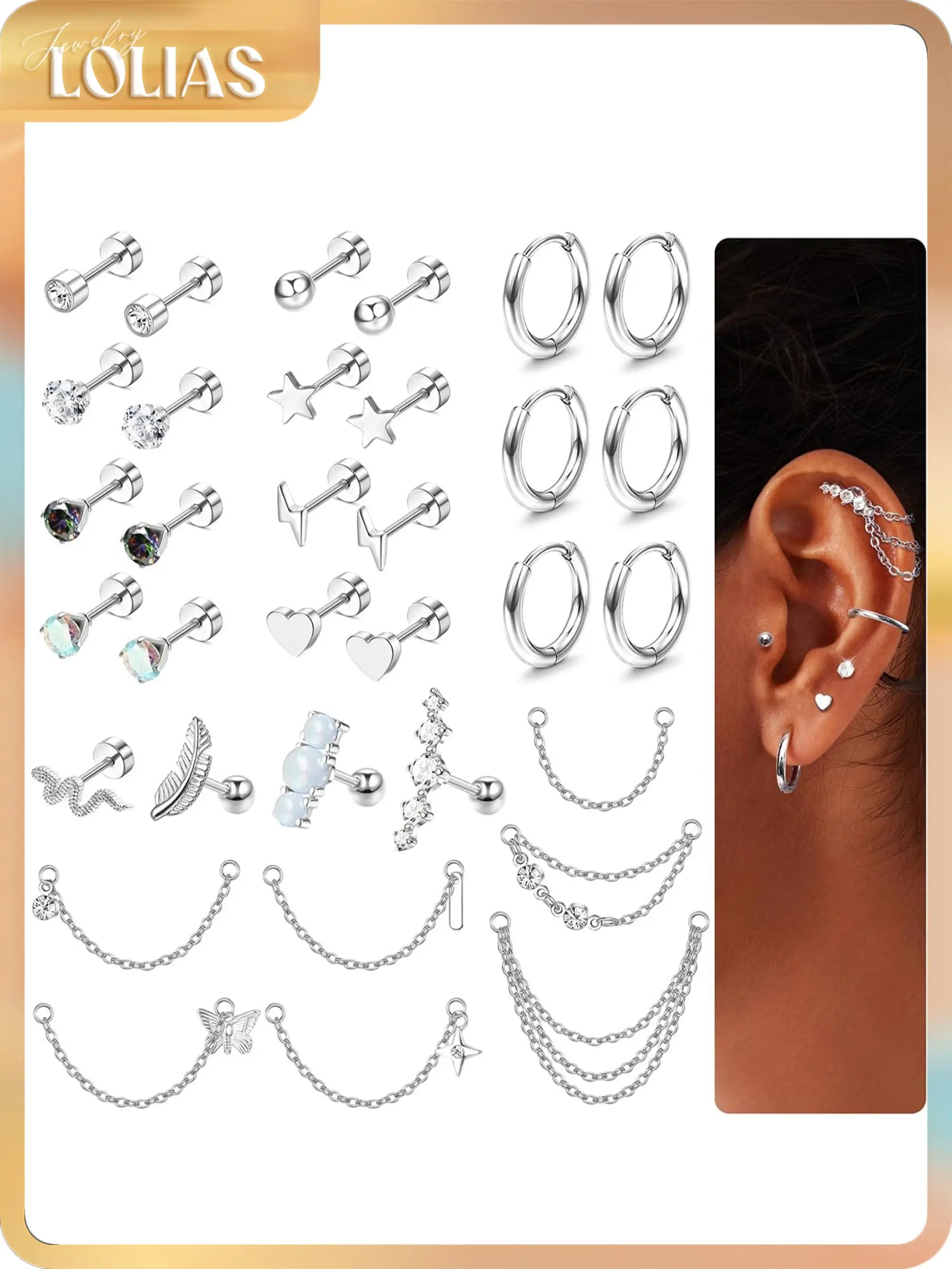 LOLIAS 33Pcs 20G Surgical Steel Body Piercing Kit, Hypoallergenic CZ Opal Flat Back Studs, Hoops, Chains, Dangles for Women’s Conch Piercing Ear, Daith, Helix, Tragus Stylish Accessories, Jewelry For Women, Earring Stack, Flat Back Earrings, Trendy Irides