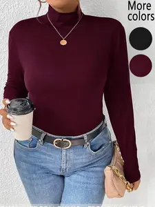 【Plus Size】1 Piece Plus Size Women's Turtleneck Long Sleeve Top, Casual Chic Style, Stretchy Fabric & Slim Fit, Versatile for Layering & Daily Wear, Suitable for Women's Streetwear, Office & Casual Outings