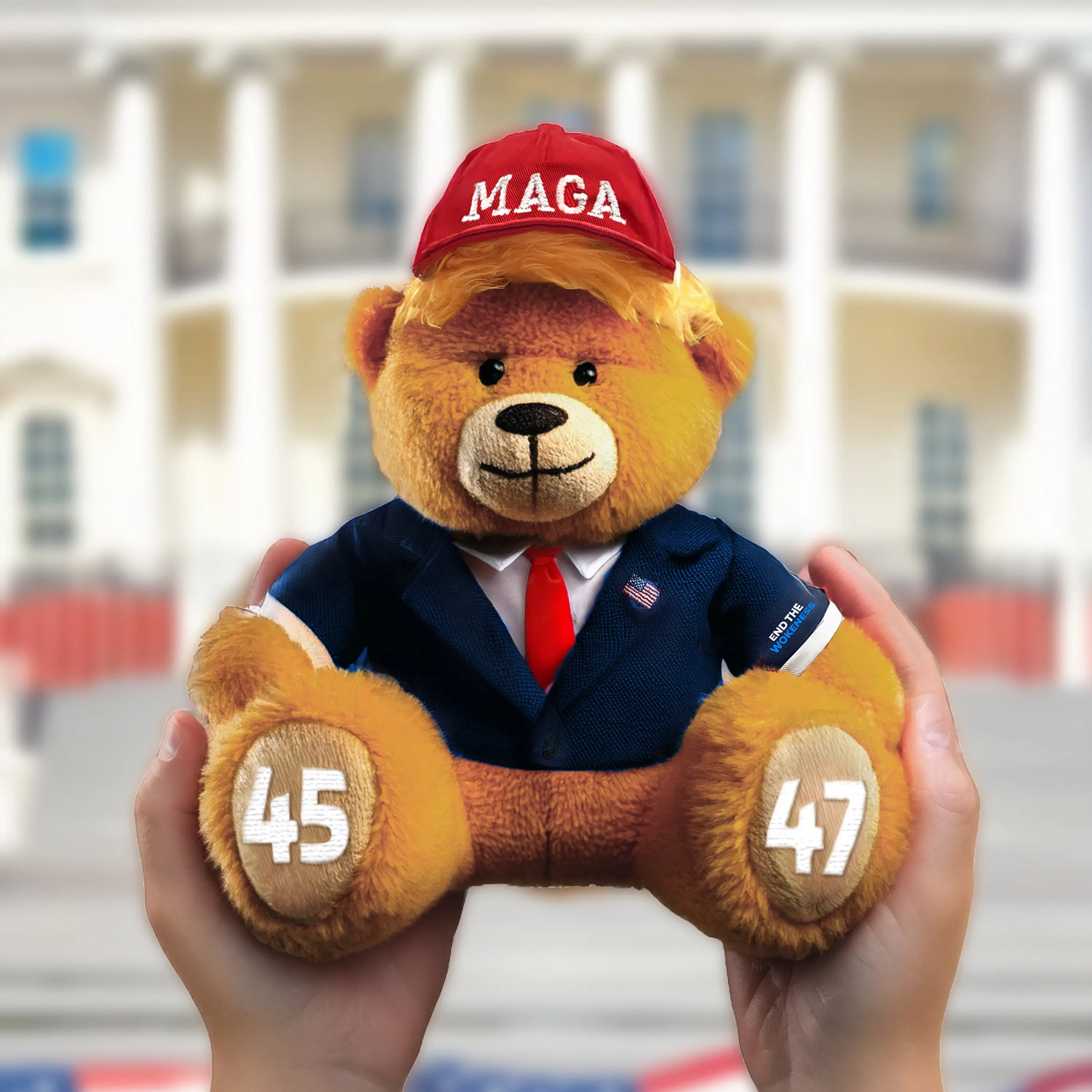 Trump MAGA Stuffed Bear Classic Edition - Navy Suit, Red Tie, American Flag Hat, End The Wokeness, 45-47 Collectible Figures, Christmas Gift Toy for Hobbies