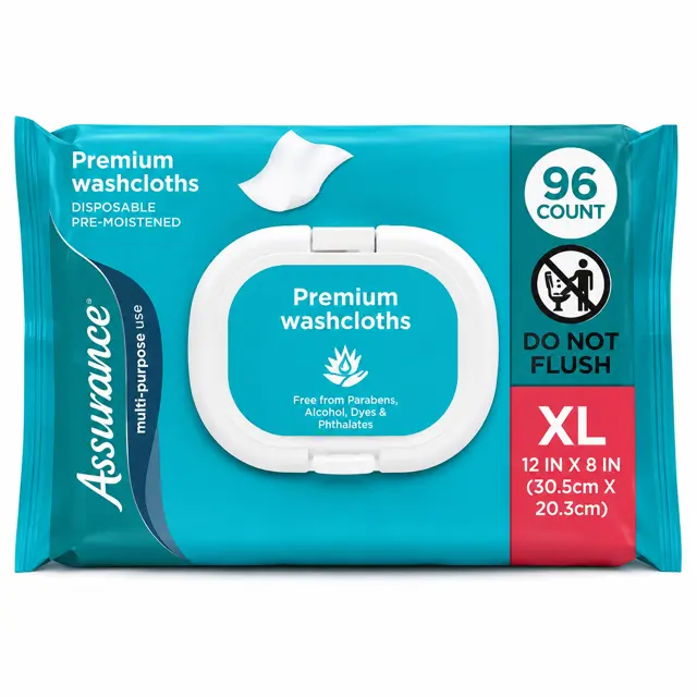 Assurance Premium Washcloths XL 96 Count 12in x 8in Disposable Pre-Moistened Wipes