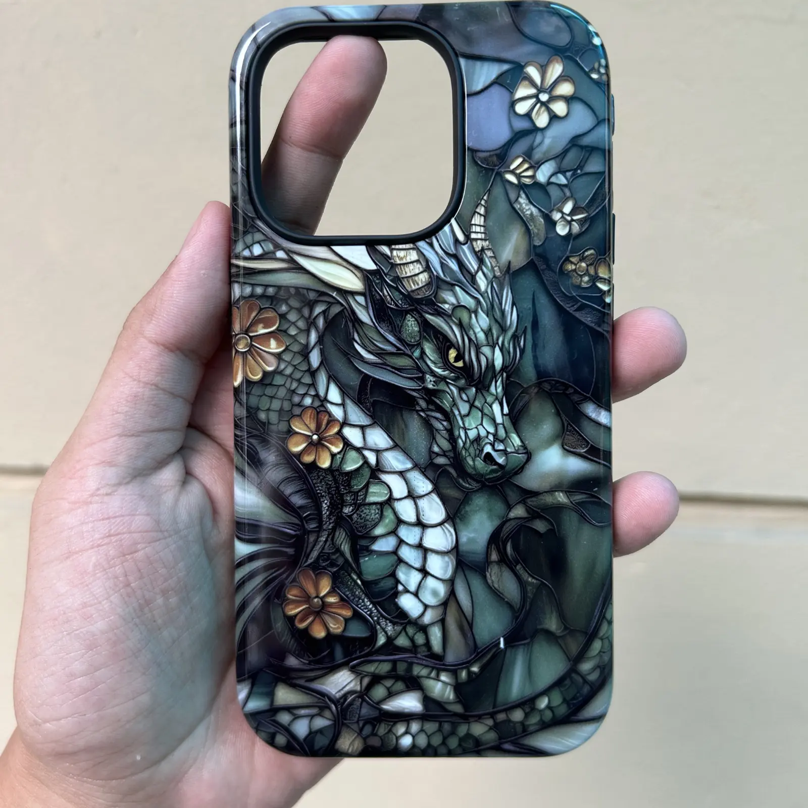 Dragon Stained Glass Phone Case Artful Aesthetic Fantasy Case Dark Green Dragon Lover Gift Phonecase, Magsafe Phone Cases  For IP X 11 12 13 14 15 16 S21 S22 S23 S24 S25-Ultra Series