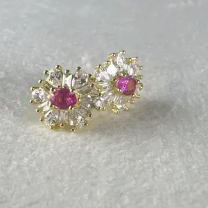 <PingEast jewelry > 925 sterling silver stud earrings set with 3*4mm natural pink Padparadscha sapphires from Sri Lanka