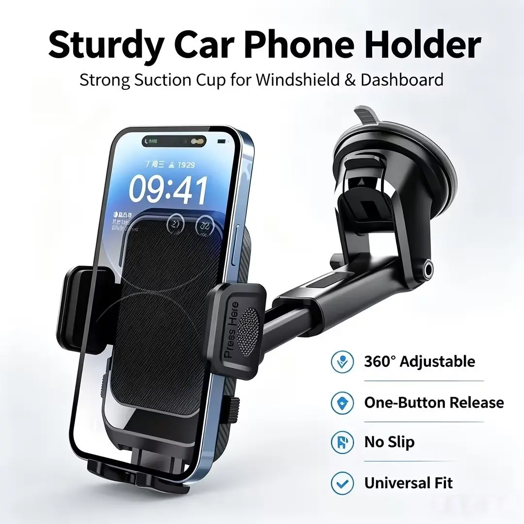 Premium Car Phone Holder with Strong Suction Cup, Universal Dashboard & Windshield Mount, 360° Rotation & 270° Adjustable Viewing Angle, Secure Gel Pad, Hands-Free Driving Phone Stand