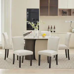 Beige Upholstered Dining Chairs Set of 4, Fabric Parsons Dining Chair with Nailhead Trim, Modern Fabric Accent Chair Kitchen Chairs for Dining Room/Kitchen,
