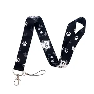 Cute Cartoon Black Cat Neck Strap Lanyards Keychain Badge Holder ID Card Pass Hang Rope Lariat Lanyard Key Fob for Key Rings Accessories