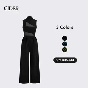 Cider Wide Leg Jumpsuit – Modern Chic Sophisticated Women's Date Night Formal Party Gown, High Neck Cut Out Patched Sleeveless Elastic Fabric Regular Fit Pant Suit for All Seasons