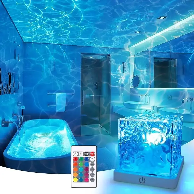 Rechargeable Shower Light No Wiring, 16 Color Changeable Ocean Wave Projector Light, Dimmable Waterproof Shower Lamp with Remote, Rotating Flame Water Ripple Lamp for Shower, Bathroom, Bedroom Decor, Creative Led Light Up Lighting
