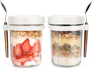 Overnight Oats Jars with Spoon and Lid 16 oz 2 Pack Airtight Oatmeal Container with Measurement Marks Mason Jars for Cereal On The Go Container 2pcs White