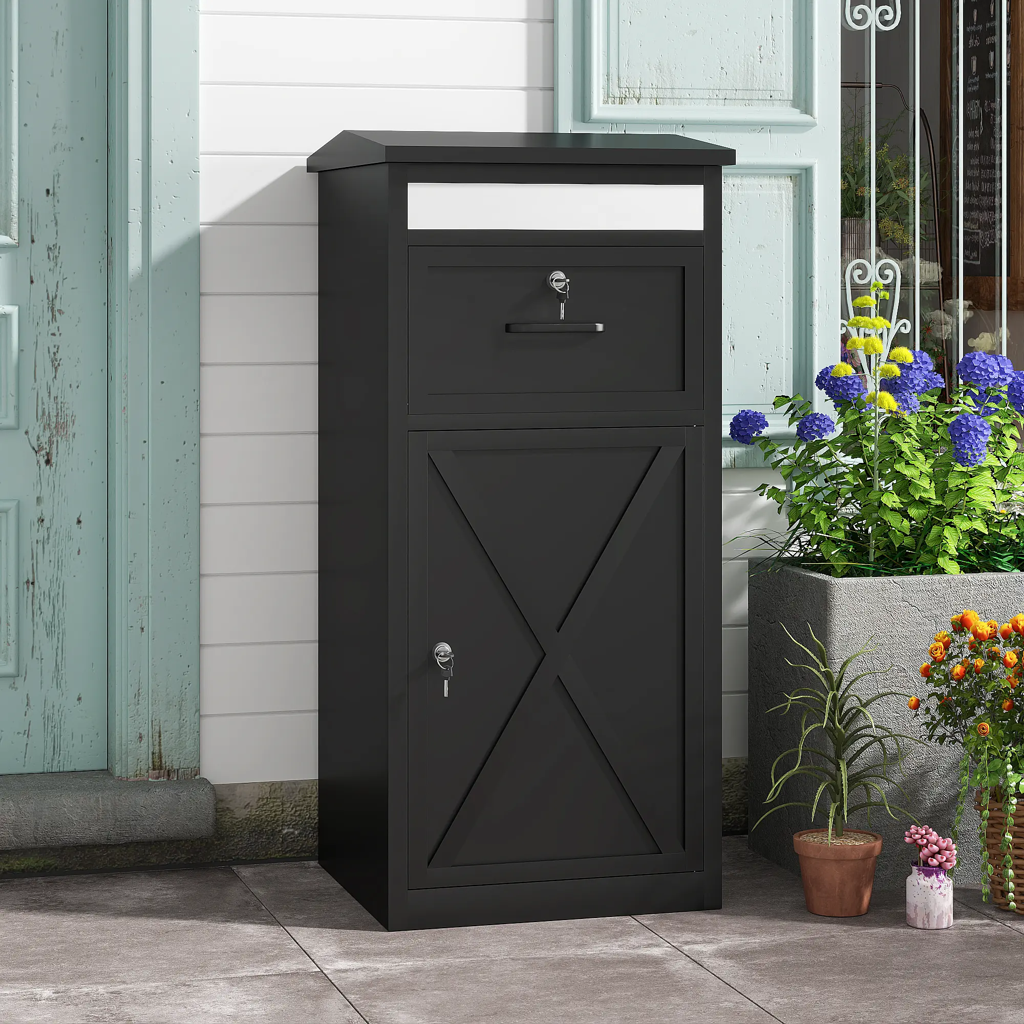 Package Delivery Boxes for Outside with Lock, Black, Galvanized Steel, Anti-Theft Baffle, with Mailbox, Weatherproof & Water-Resistant, 2Keys, Porch Yard Office