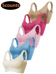 5Counts Women's Wireless Wirefree Bra Set, Comfortable Seamless Design, Wide Shoulder Straps, Fixed Cup Style, Perfect for Daily Wear