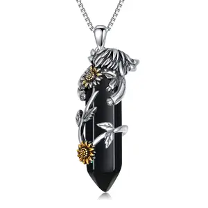 Hexagon Black Crystal & Silver Highland Cow Pendant Necklace - 925 Sterling Silver Box Chain 18+2 Inches | Energy Jewelry for Women