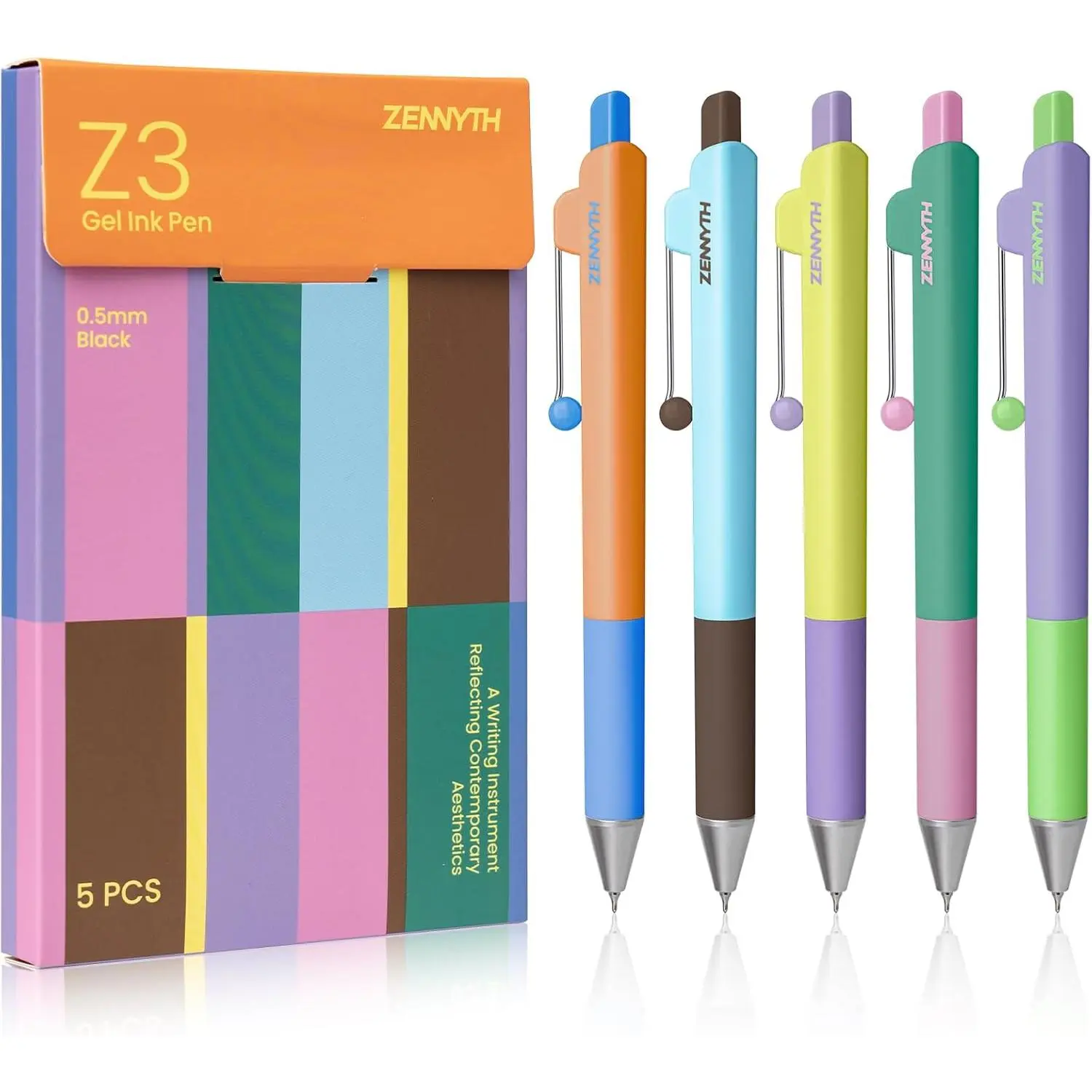 Sleek Gel Pens, 5-Count 0.5mm Black Ink Fine Point Quick-Drying Retractable Pens with Color-Block Z3 Shaped Barrel, for Journaling, Note Taking, Card-Making, Graduations, Holidays, Birthdays