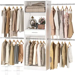 8FT Closet System 96 Inch Walk-in Organizer Kit with 4 Extendable Rods & Drawer Adjustable Wood Closet Organizer System Rack Sturdy Insert Max Load 1000 LBS White Wooden Freestanding Wardrobe Modern Armoire Wardrobe